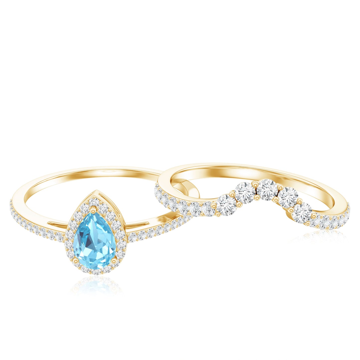 Genuine Aquamarine Teardrop Bridal Ring Set with Diamond Halo