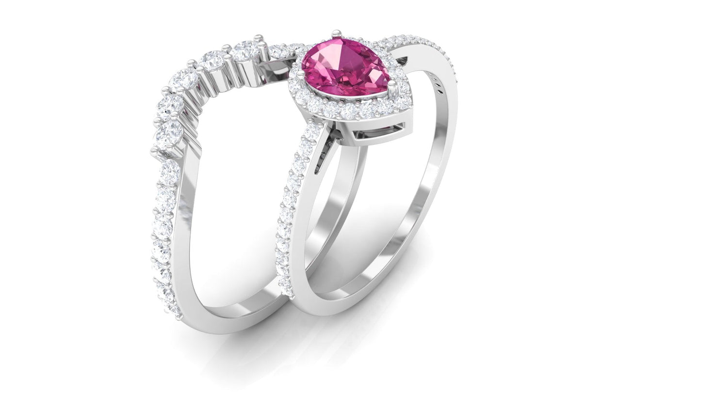Pink tourmaline Designer Teardrop Ring Set with Moissanite Halo