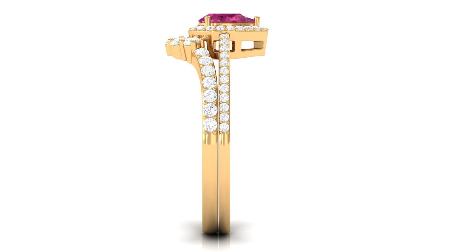 Pink tourmaline Designer Teardrop Ring Set with Moissanite Halo