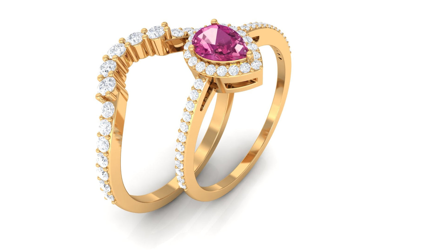 Pink tourmaline Designer Teardrop Ring Set with Moissanite Halo