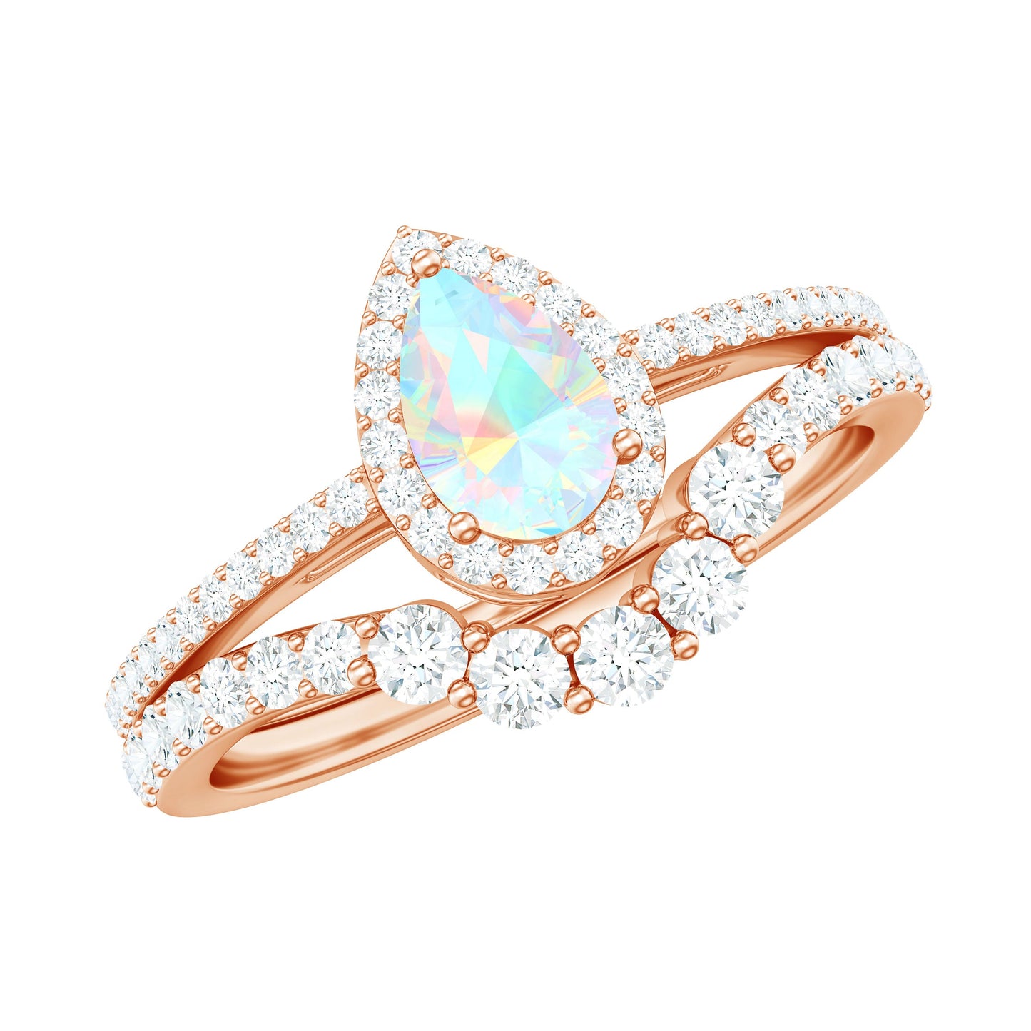 Certified 0.7 Carat Natural Ethiopian Opal Teardrop Wedding Engagement Ring Set of 2