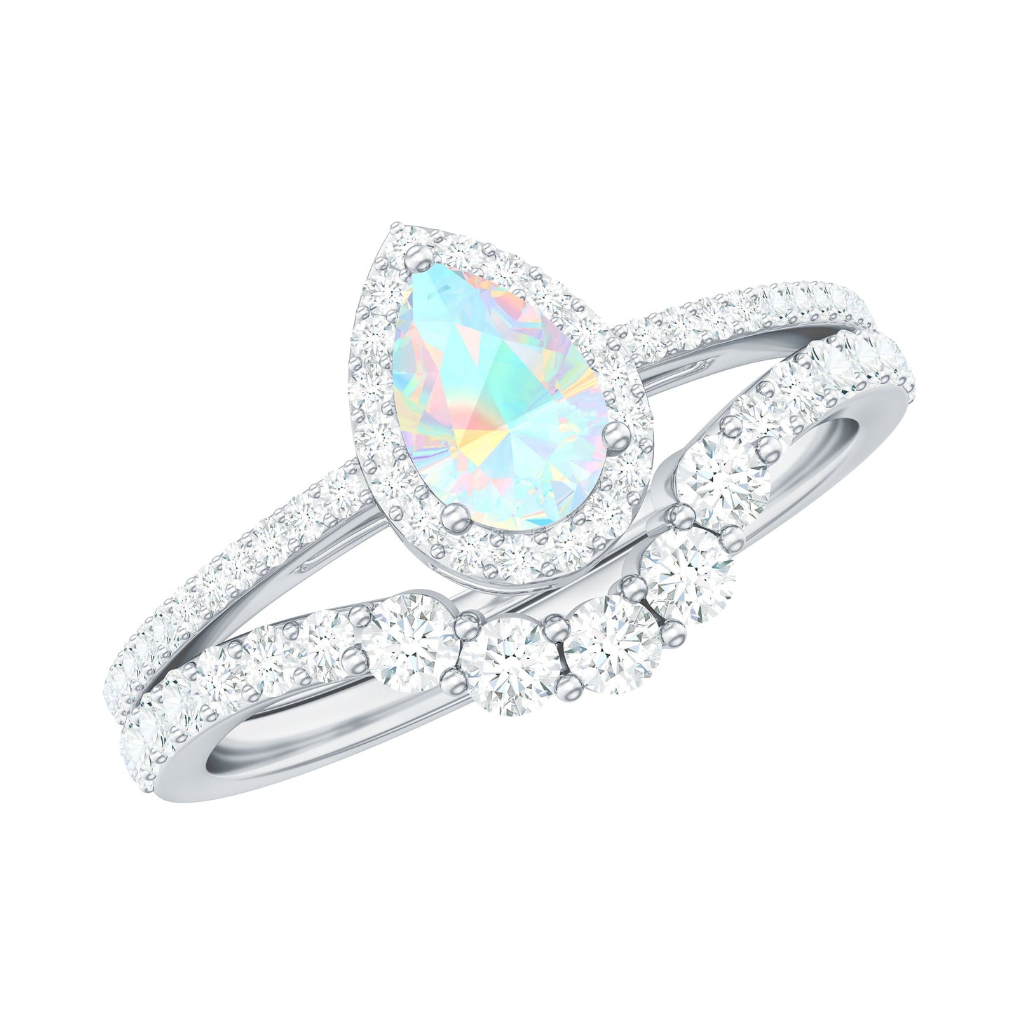 Certified 0.7 Carat Natural Ethiopian Opal Teardrop Wedding Engagement Ring Set of 2