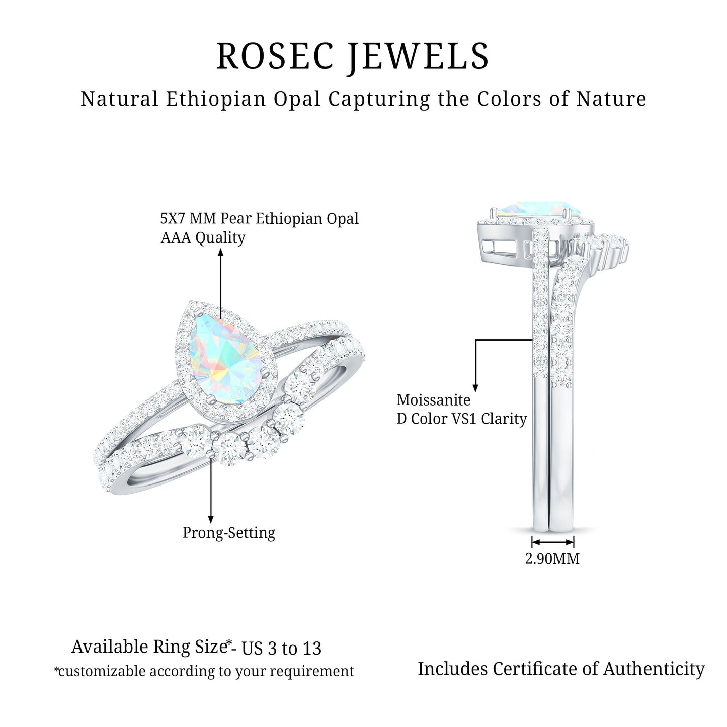 Certified 0.7 Carat Natural Ethiopian Opal Teardrop Wedding Engagement Ring Set of 2