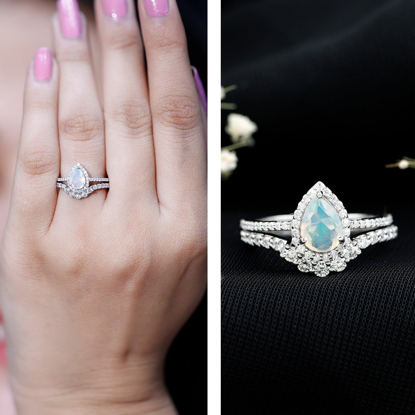 Certified 0.7 Carat Natural Ethiopian Opal Teardrop Wedding Engagement Ring Set of 2