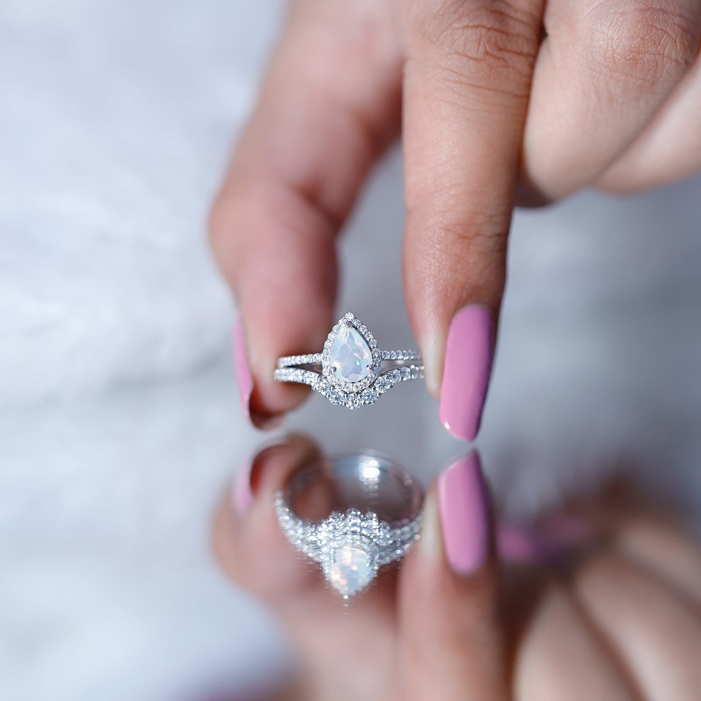 Certified 0.7 Carat Natural Ethiopian Opal Teardrop Wedding Engagement Ring Set of 2