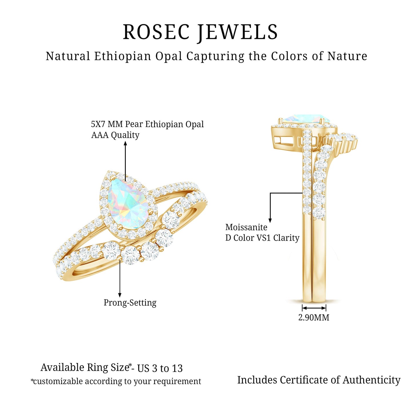 Certified 0.7 Carat Natural Ethiopian Opal Teardrop Wedding Engagement Ring Set of 2