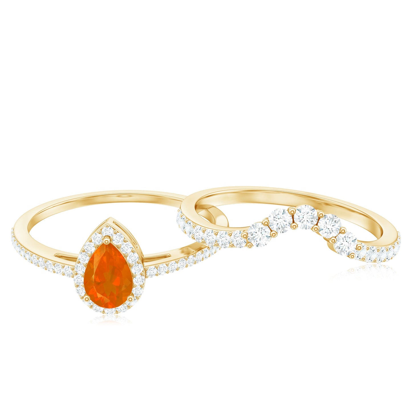 Fire Opal Designer Teardrop Ring Set with Moissanite Halo