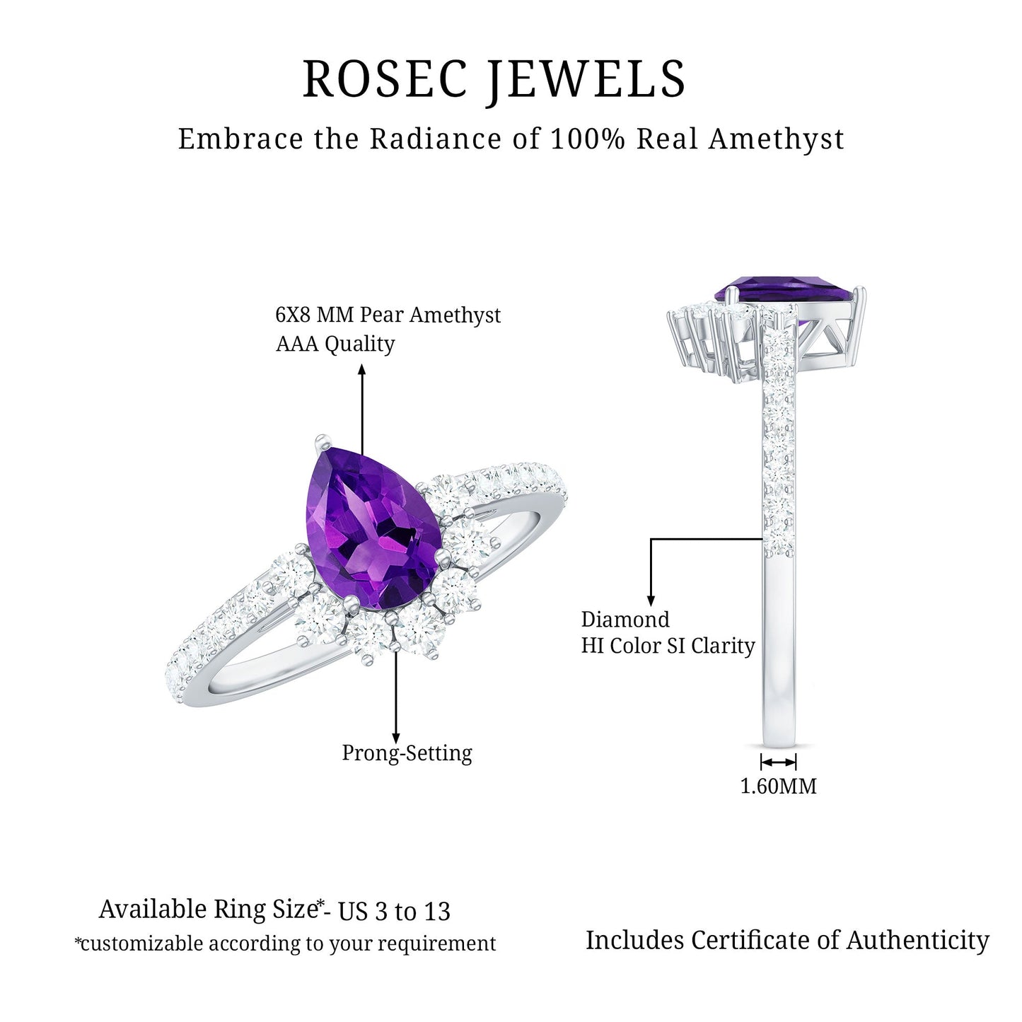 1 Carat Amethyst Pear Shaped Engagement Ring with Diamond