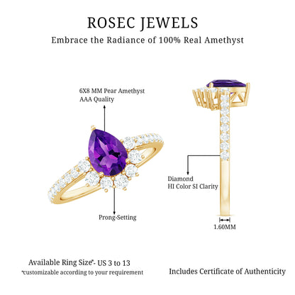 1 Carat Amethyst Pear Shaped Engagement Ring with Diamond
