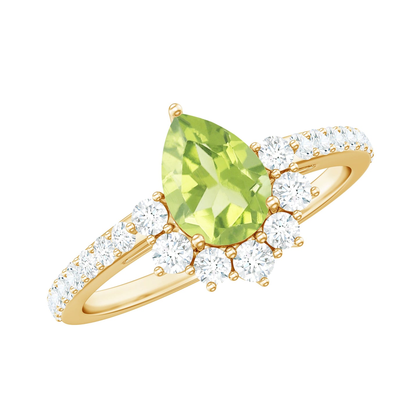 Natural 1 Carat Peridot Teardrop Engagement Ring with Diamond Half Halo