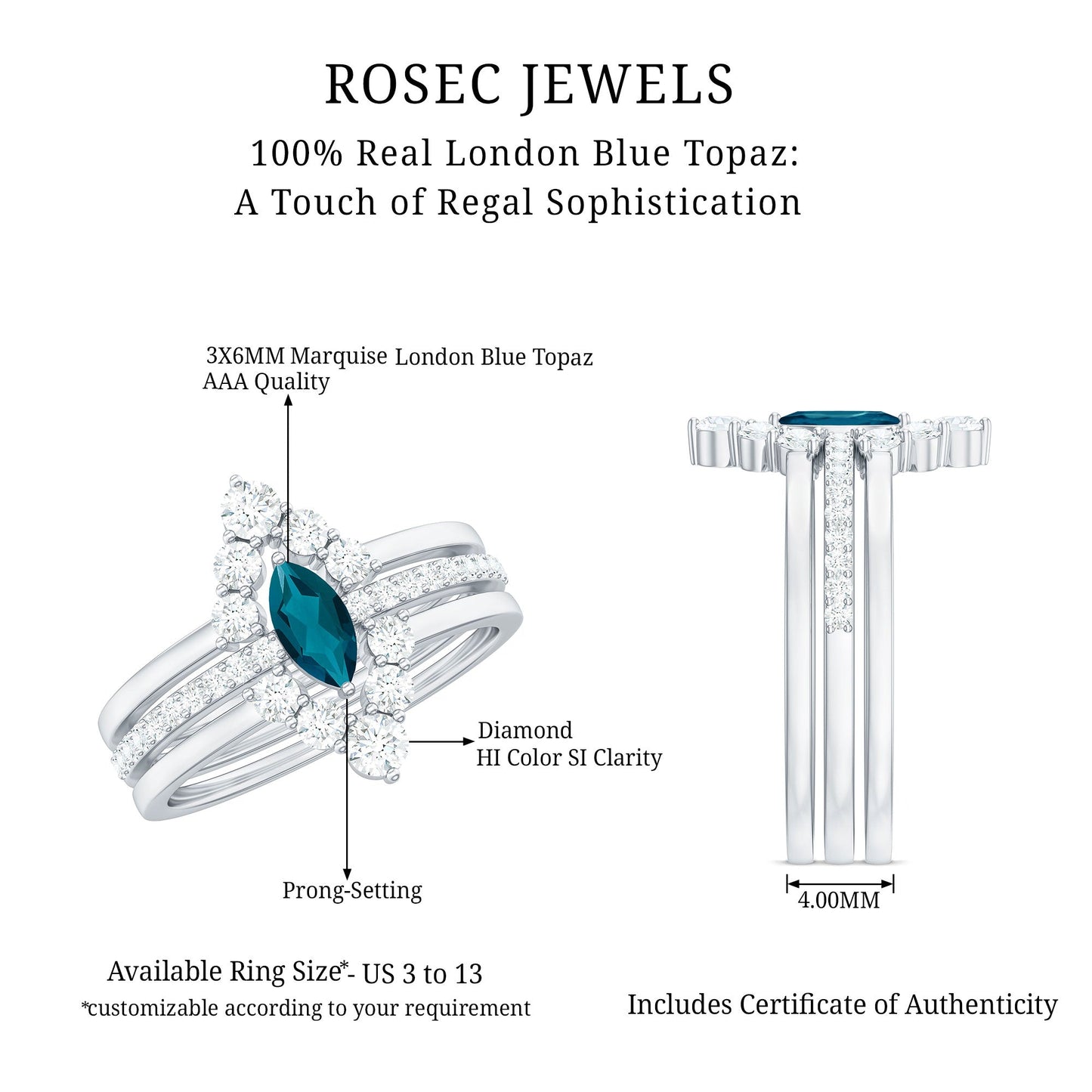 Marquise London Blue Topaz Bridal Ring Set with 2 Diamond Ring Guards