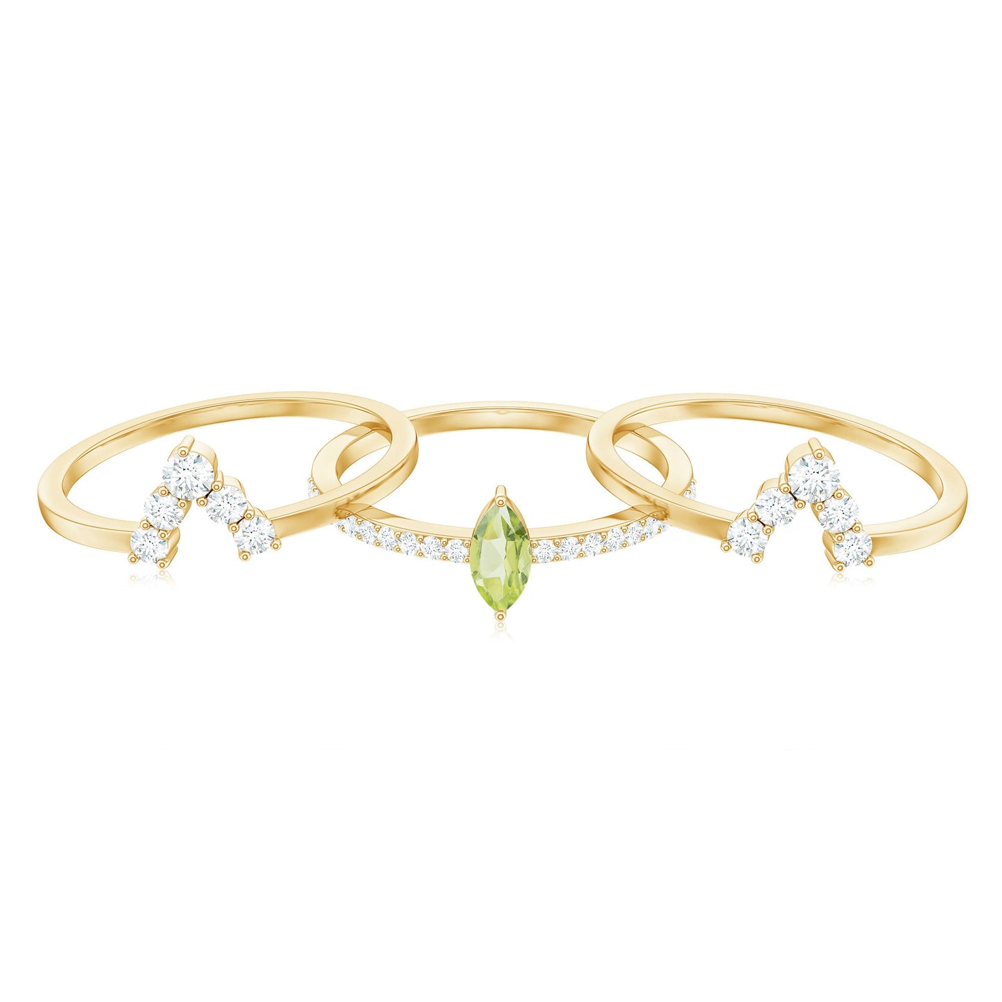 Marquise Cut Peridot Solitaire Trio Ring Set with Moissanite