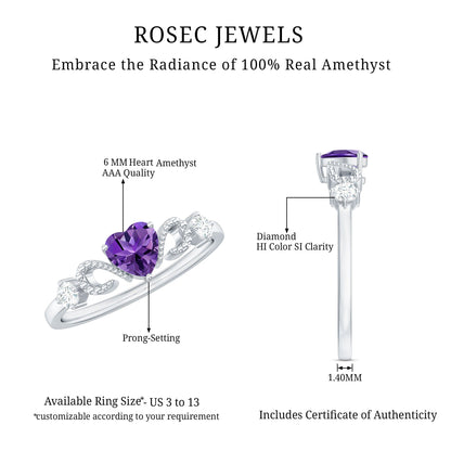 Natural 0.9 Carat Amethyst Heart Promise Ring with Diamond