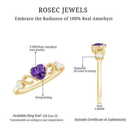 Natural 0.9 Carat Amethyst Heart Promise Ring with Diamond
