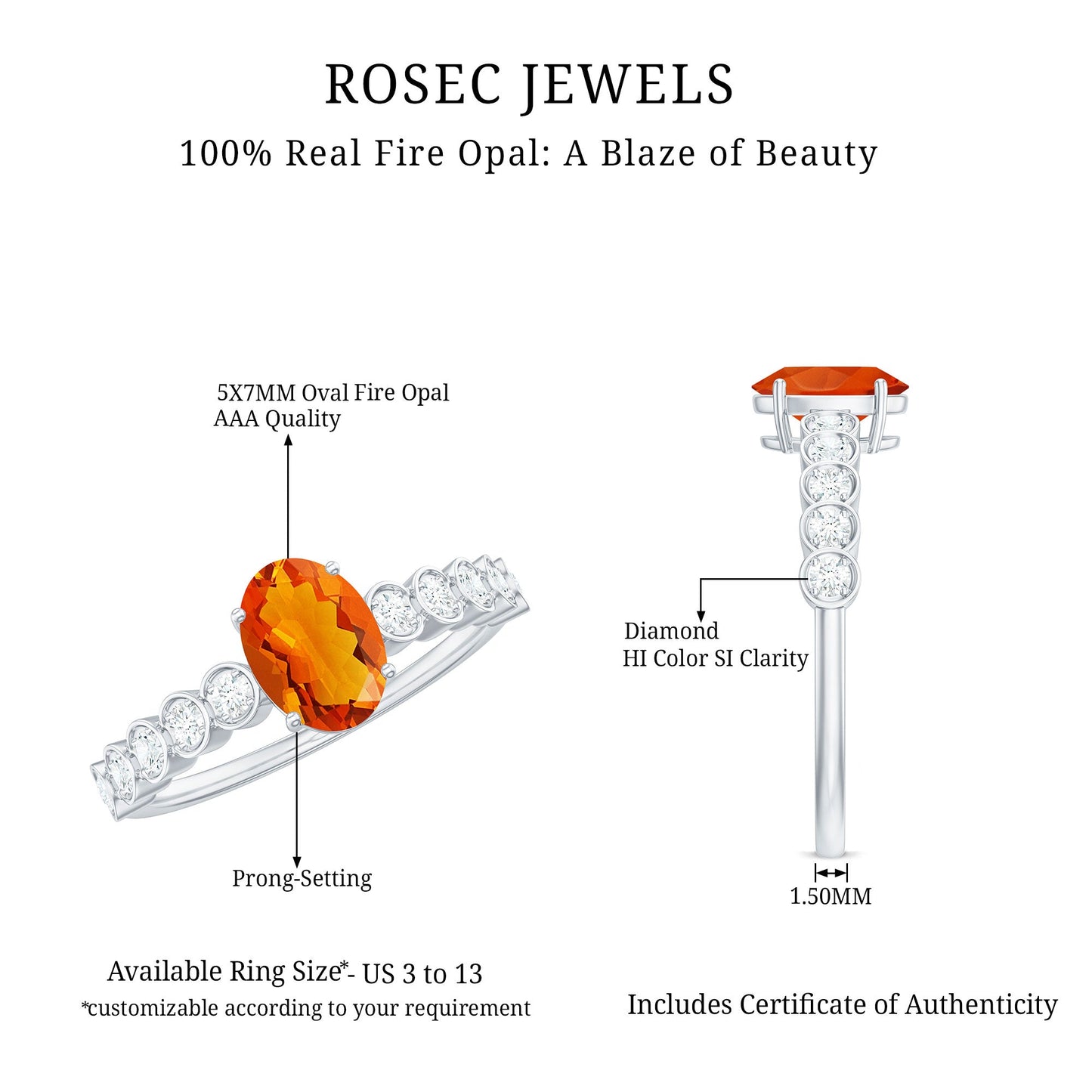 0.6 Carat Oval Fire Opal Solitaire Engagement Ring with Diamond