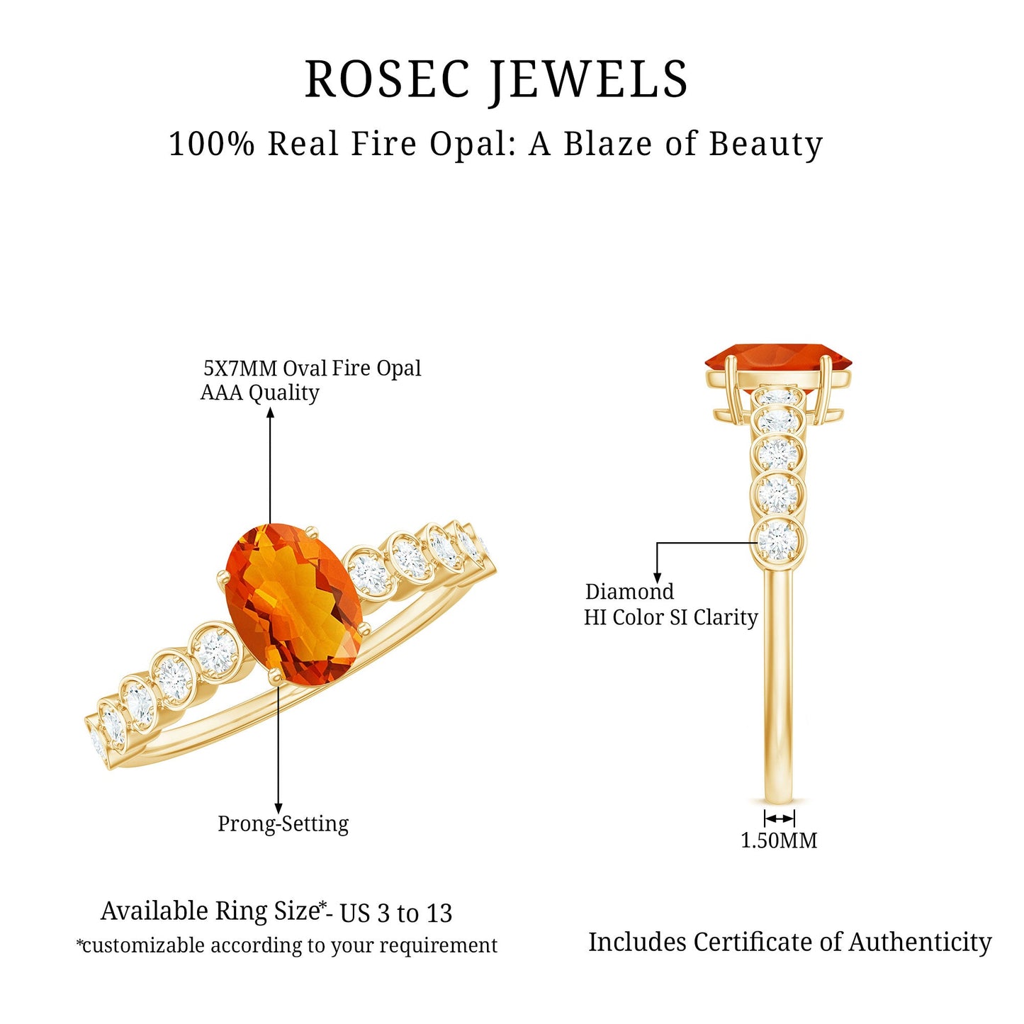 0.6 Carat Oval Fire Opal Solitaire Engagement Ring with Diamond