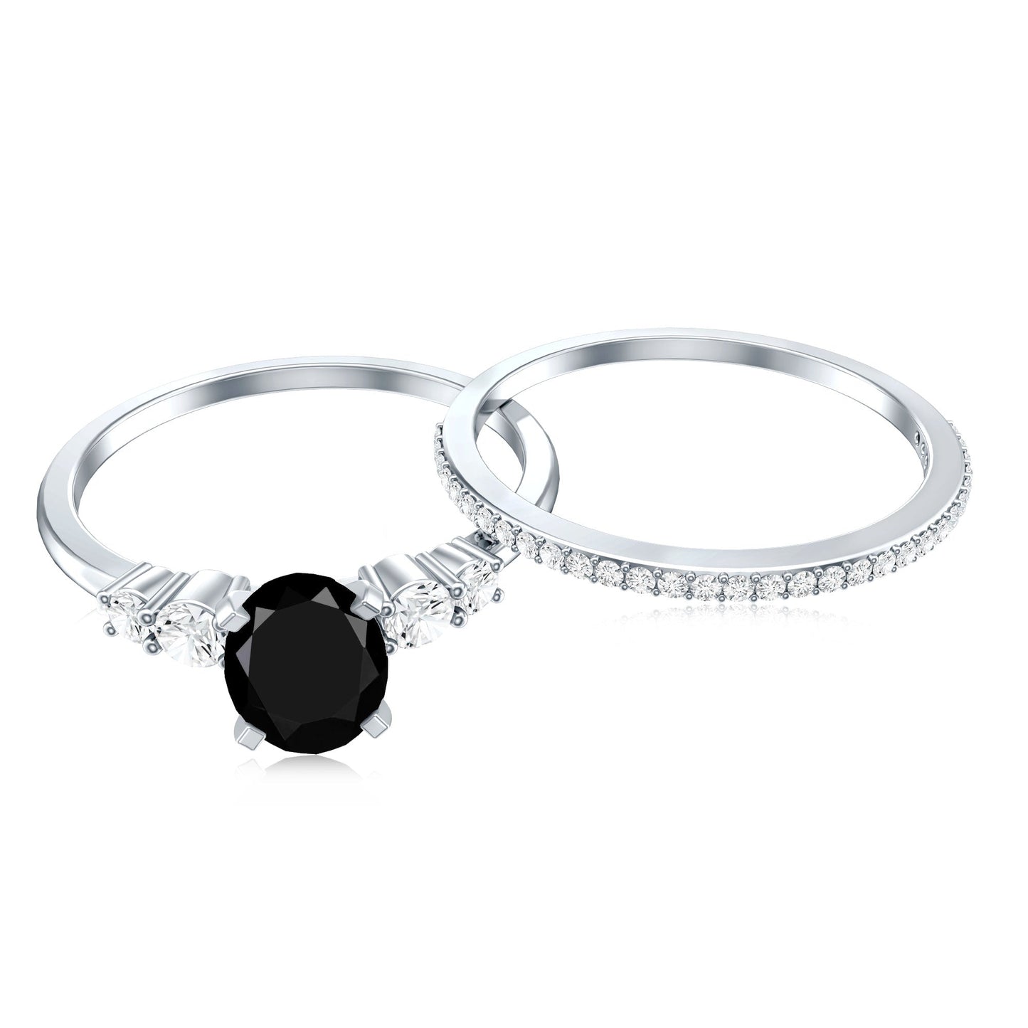Certified Oval Lab Grown Black and White Diamond Wedding Engagement Ring Set