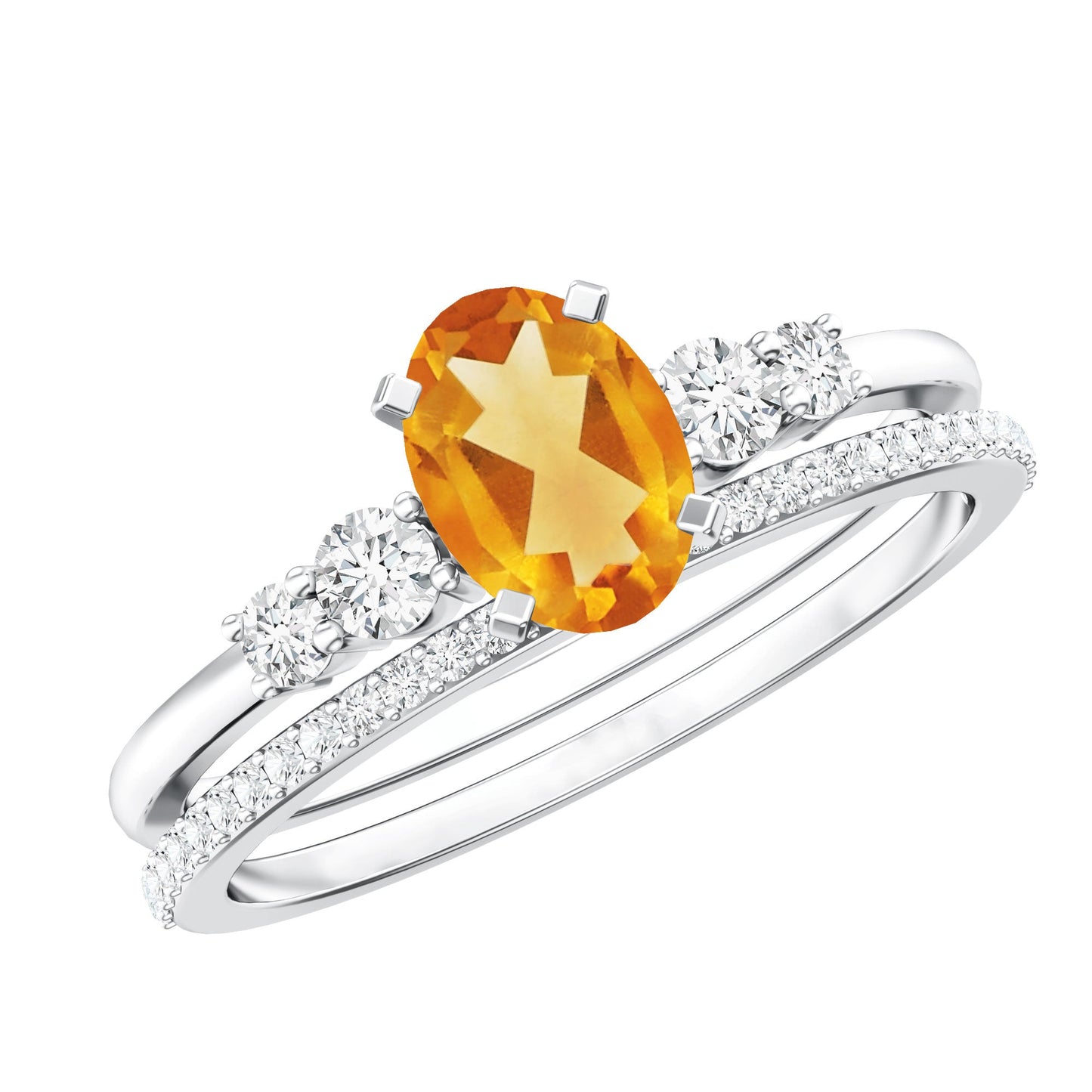 Natural 1 Carat Oval Citrine Diamond Wedding Bridal Ring Set of 2