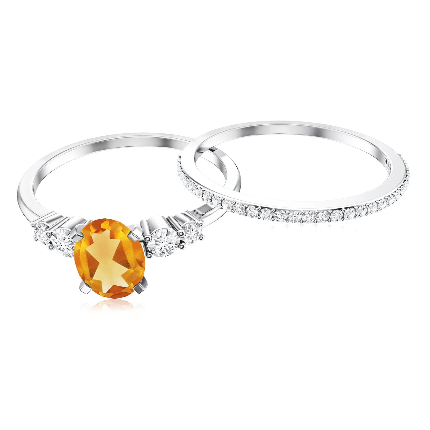 Natural 1 Carat Oval Citrine Diamond Wedding Bridal Ring Set of 2