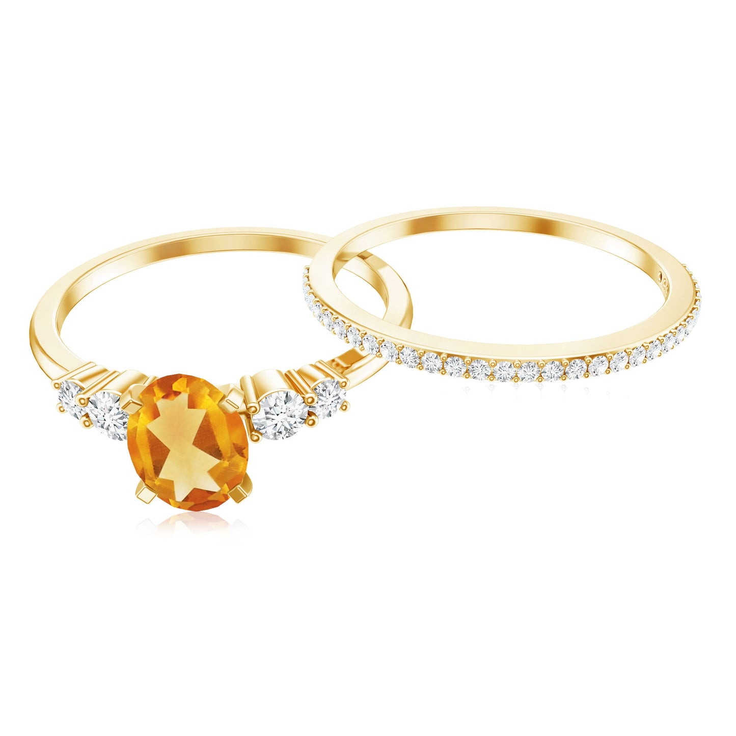 Natural 1 Carat Oval Citrine Diamond Wedding Bridal Ring Set of 2