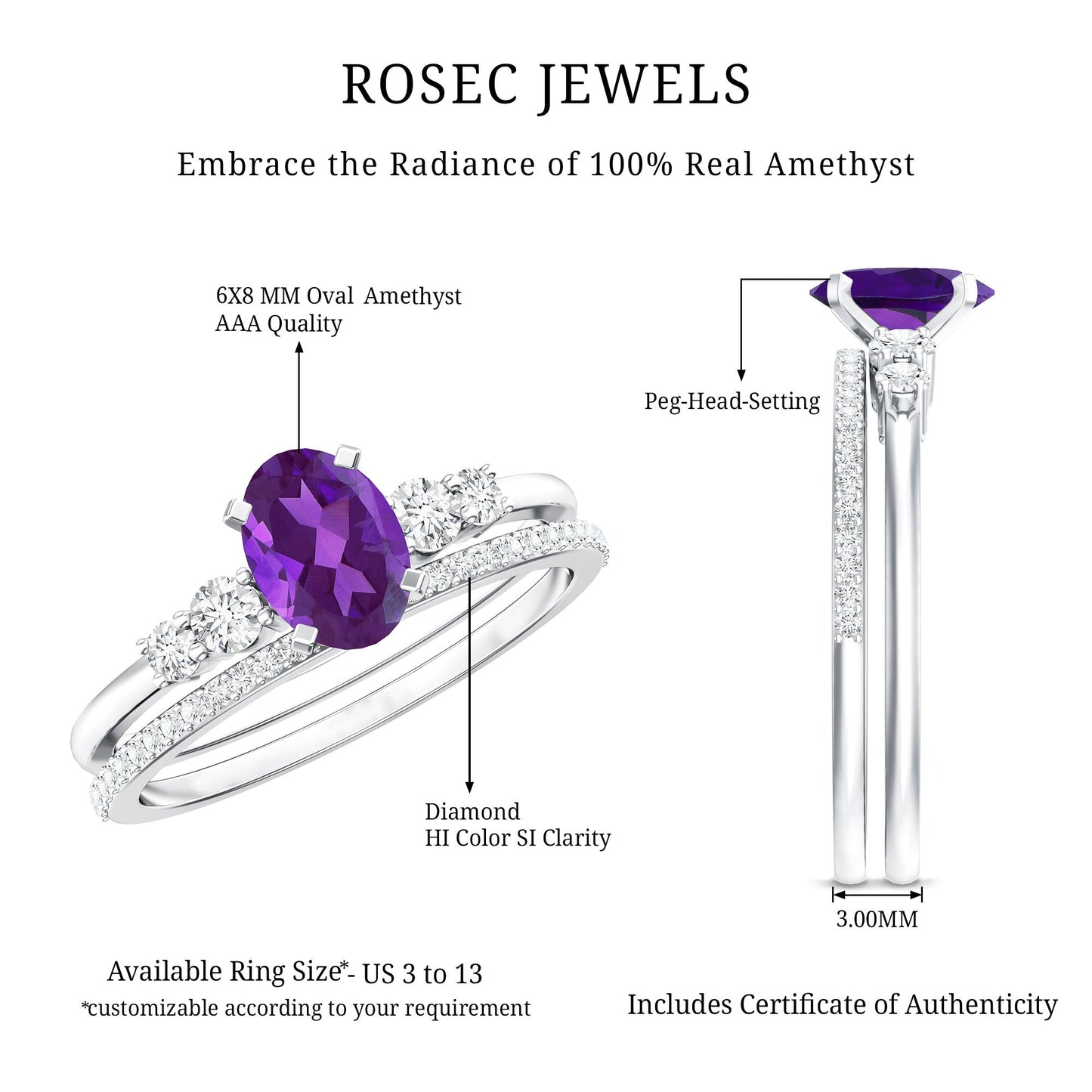 1 Carat Amethyst Diamond Oval Engagement Ring with Wedding Band
