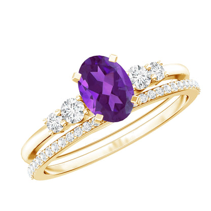 1 Carat Amethyst Diamond Oval Engagement Ring with Wedding Band