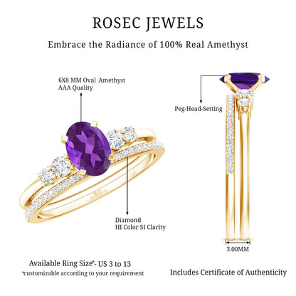 1 Carat Amethyst Diamond Oval Engagement Ring with Wedding Band