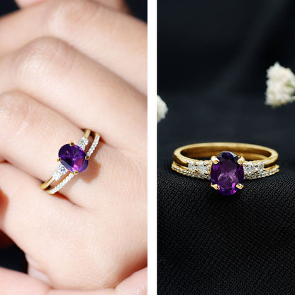1 Carat Amethyst Diamond Oval Engagement Ring with Wedding Band