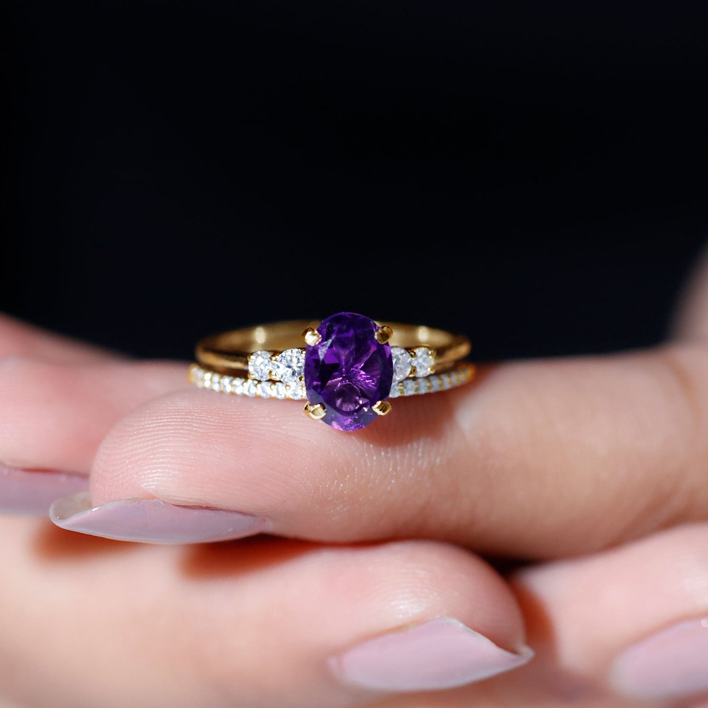 1 Carat Amethyst Diamond Oval Engagement Ring with Wedding Band