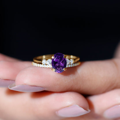 1 Carat Amethyst Diamond Oval Engagement Ring with Wedding Band