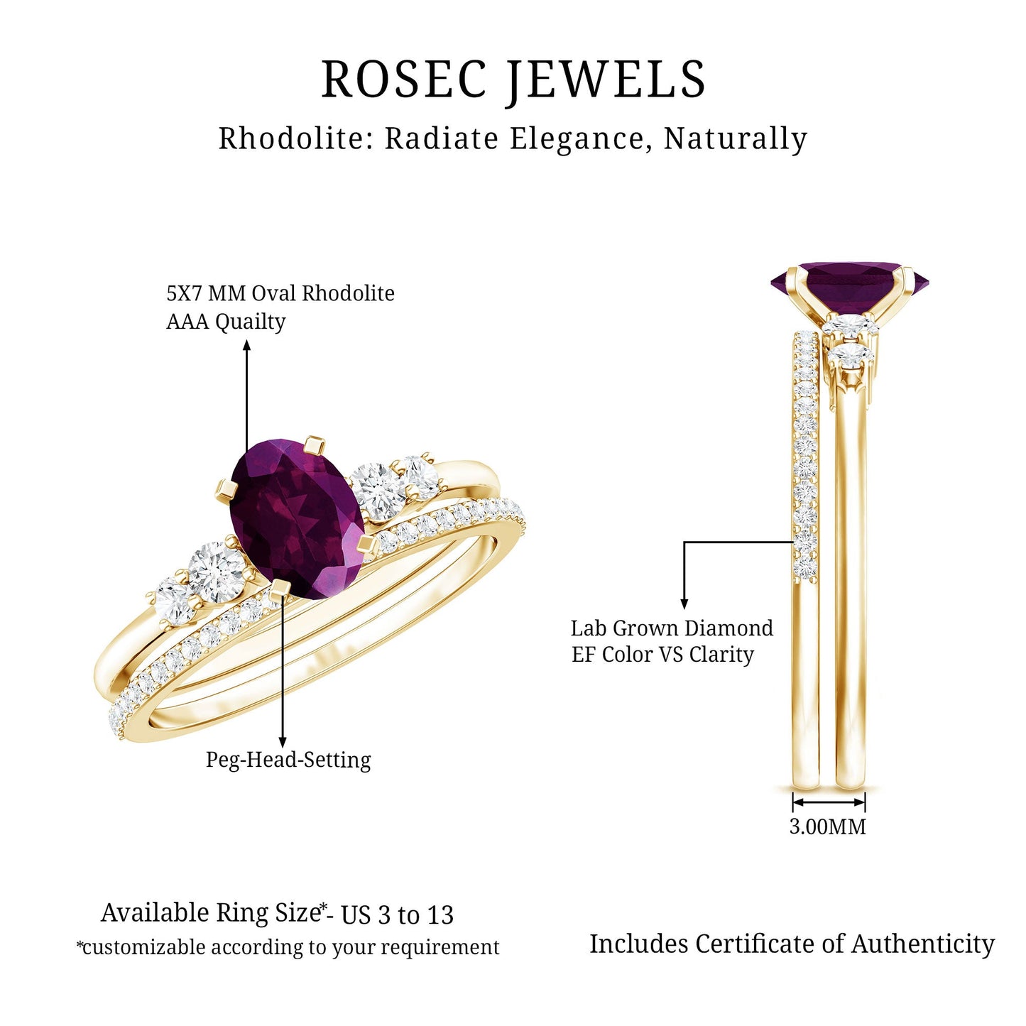 Genuine Rhodolite Oval Engagement Ring with Diamond Wedding Band