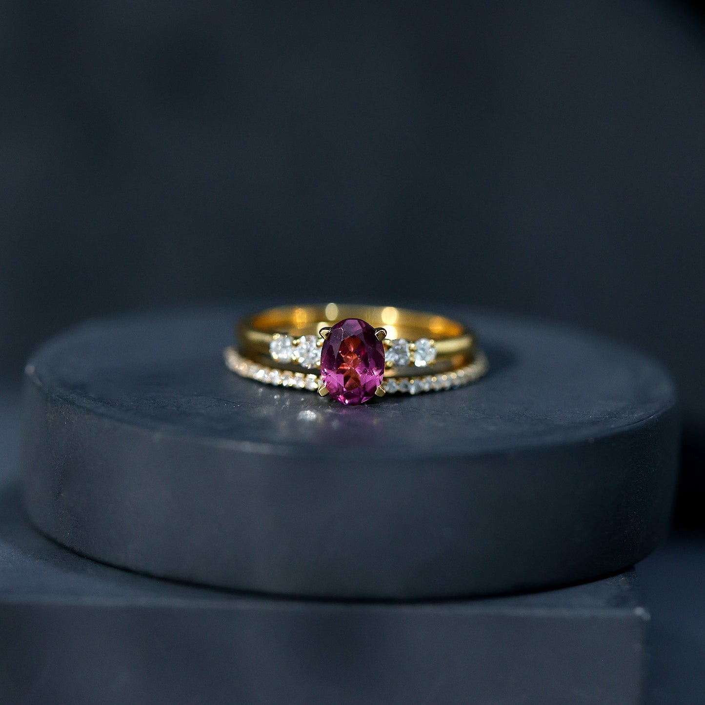 Genuine Rhodolite Oval Engagement Ring with Diamond Wedding Band