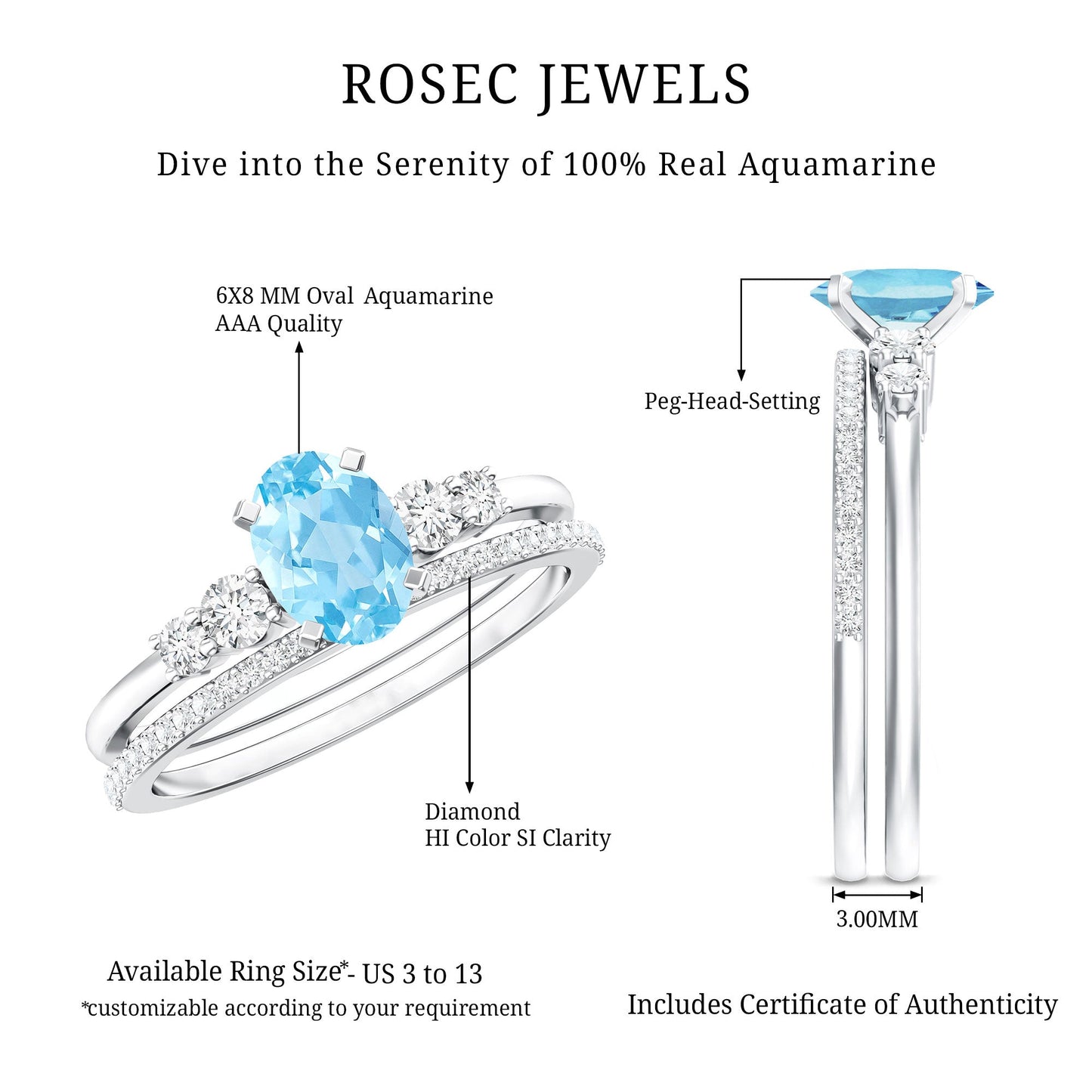 1 Carat Oval Shape Aquamarine Wedding Ring Set with Diamond
