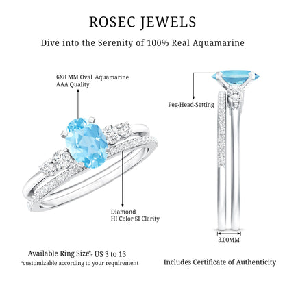 1 Carat Oval Shape Aquamarine Wedding Ring Set with Diamond