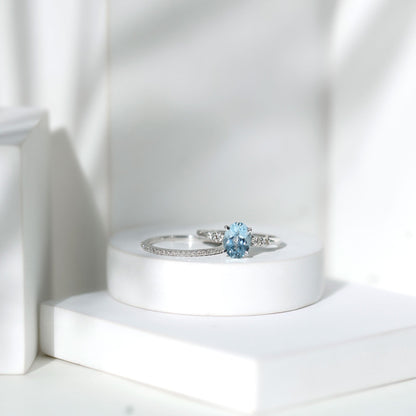 1 Carat Oval Shape Aquamarine Wedding Ring Set with Diamond