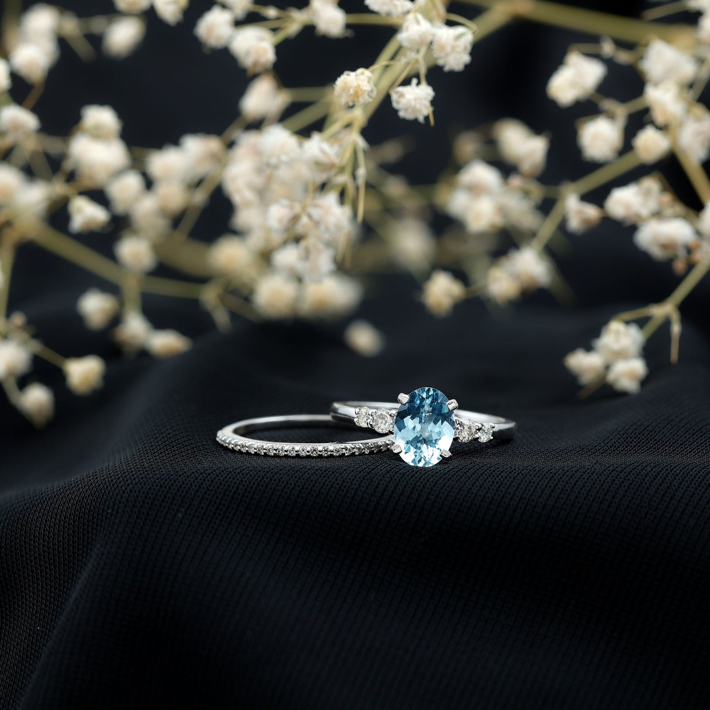 1 Carat Oval Shape Aquamarine Wedding Ring Set with Diamond