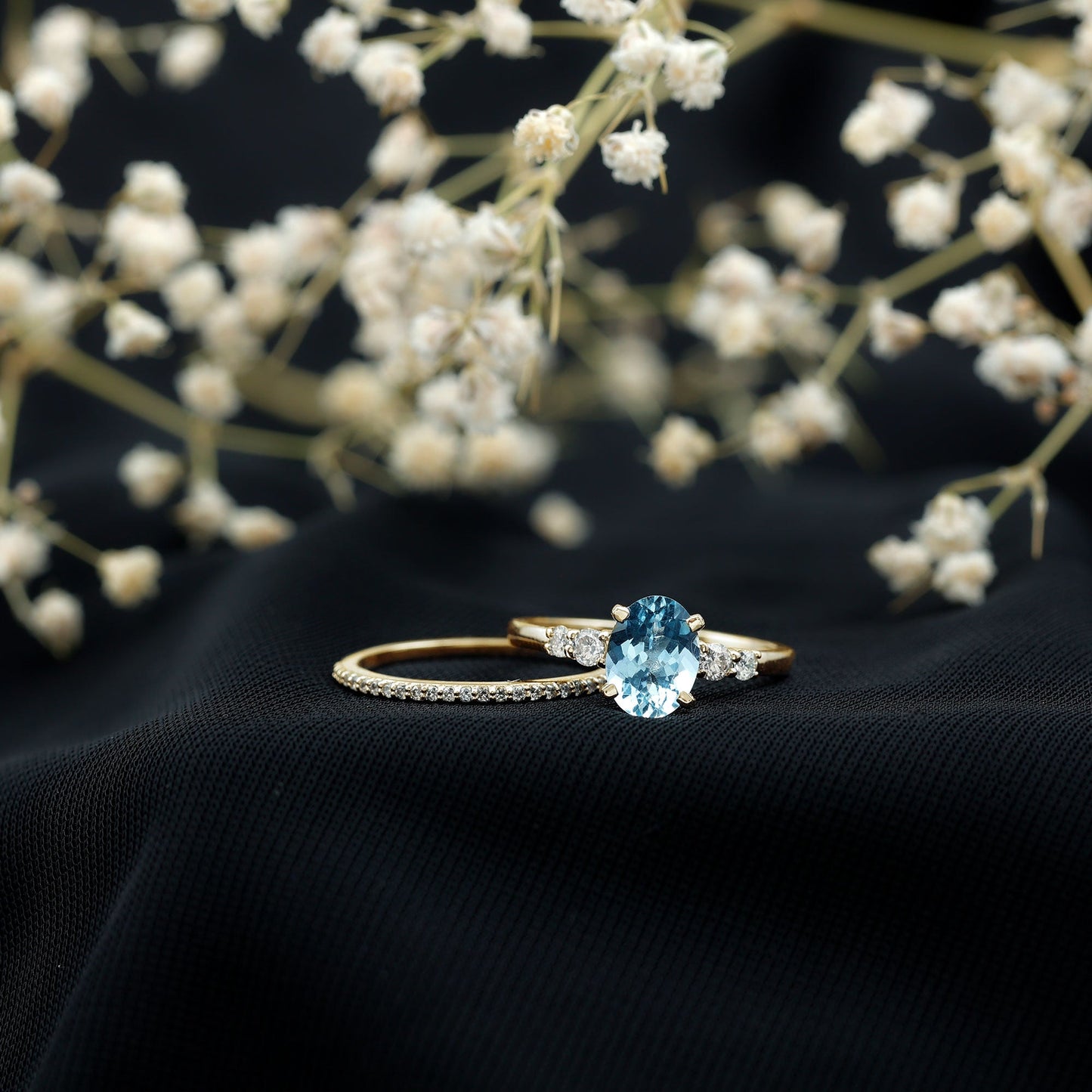 1 Carat Oval Shape Aquamarine Wedding Ring Set with Diamond