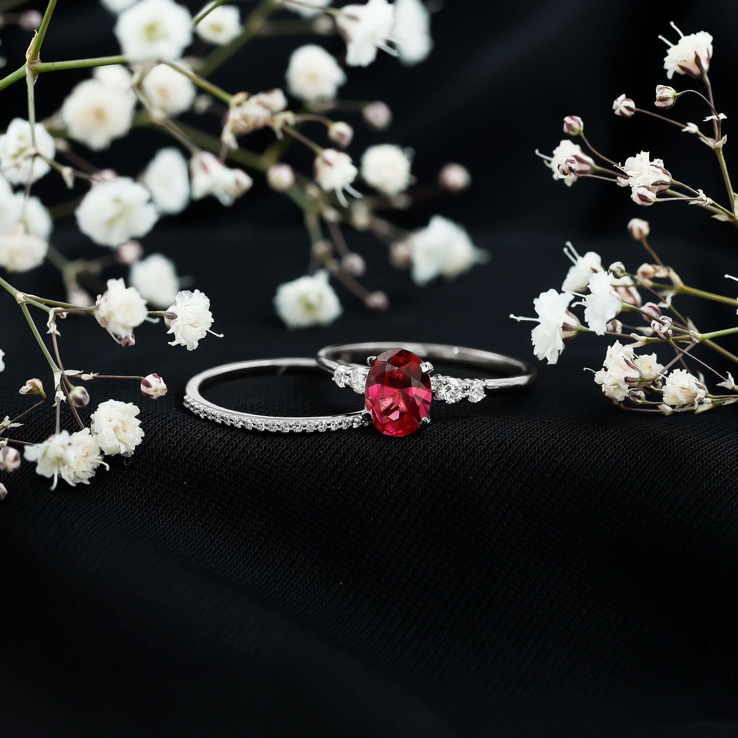 1.5 Carat Oval Lab Created Ruby Solitaire Bridal Ring Set with Diamond