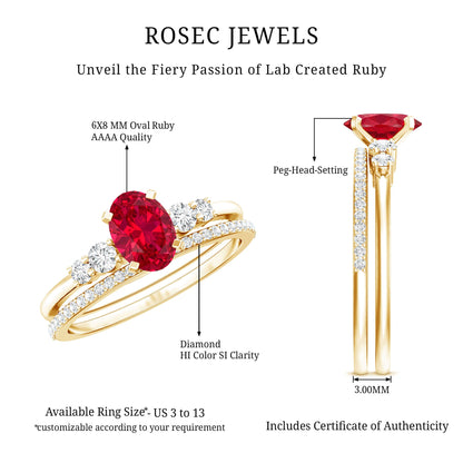 1.5 Carat Oval Lab Created Ruby Solitaire Bridal Ring Set with Diamond
