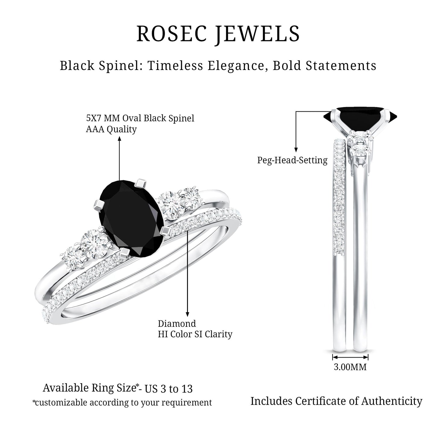 Natural 0.6 Carat Oval Shape Black Spinel Wedding Ring Set with Diamond