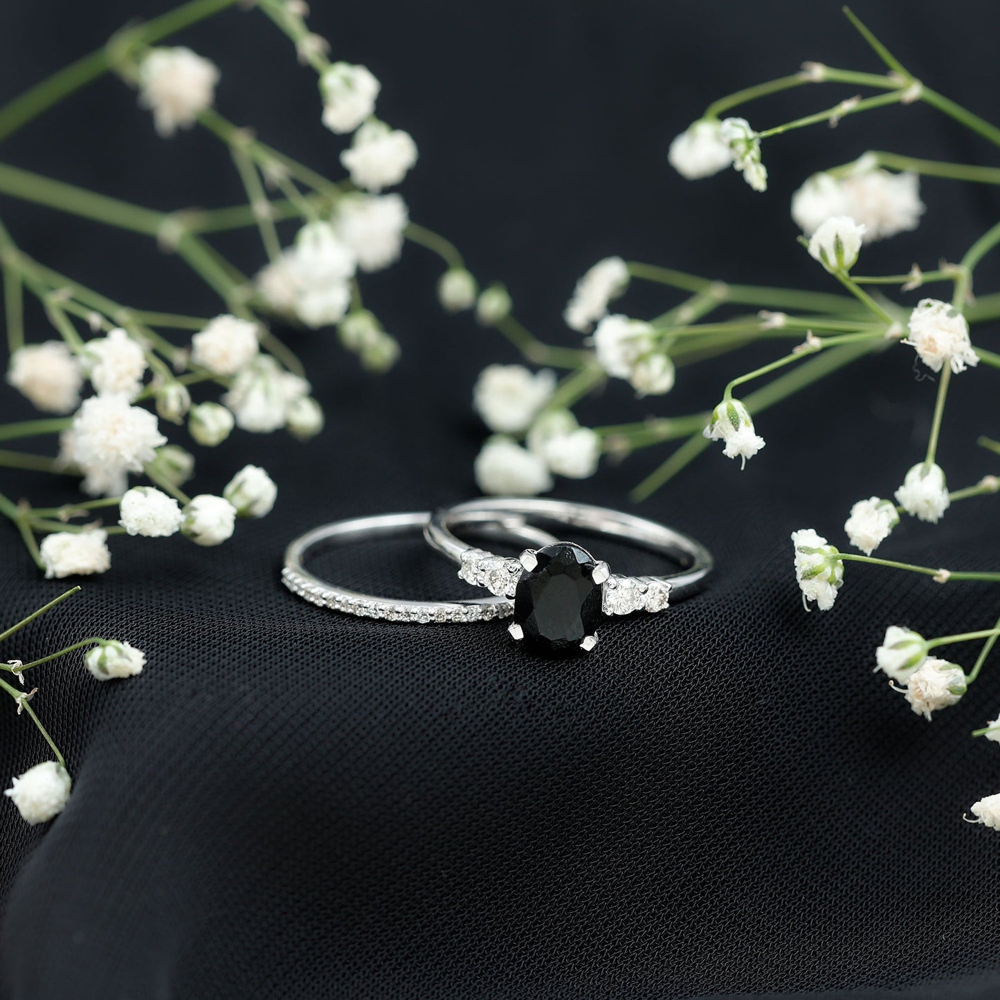 Natural 0.6 Carat Oval Shape Black Spinel Wedding Ring Set with Diamond