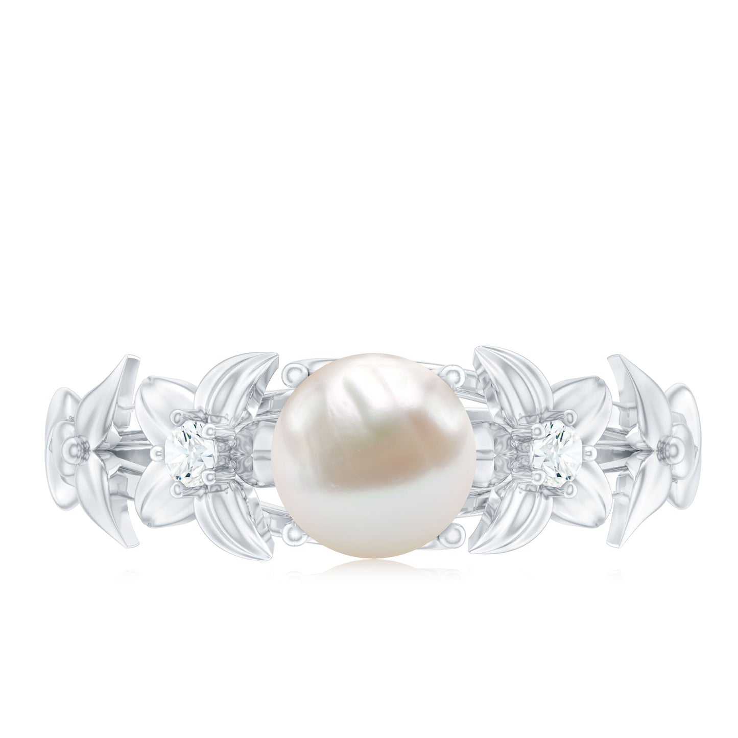 Cultured 2.2 Carat White Pearl Flower Engagement Ring with Diamonds