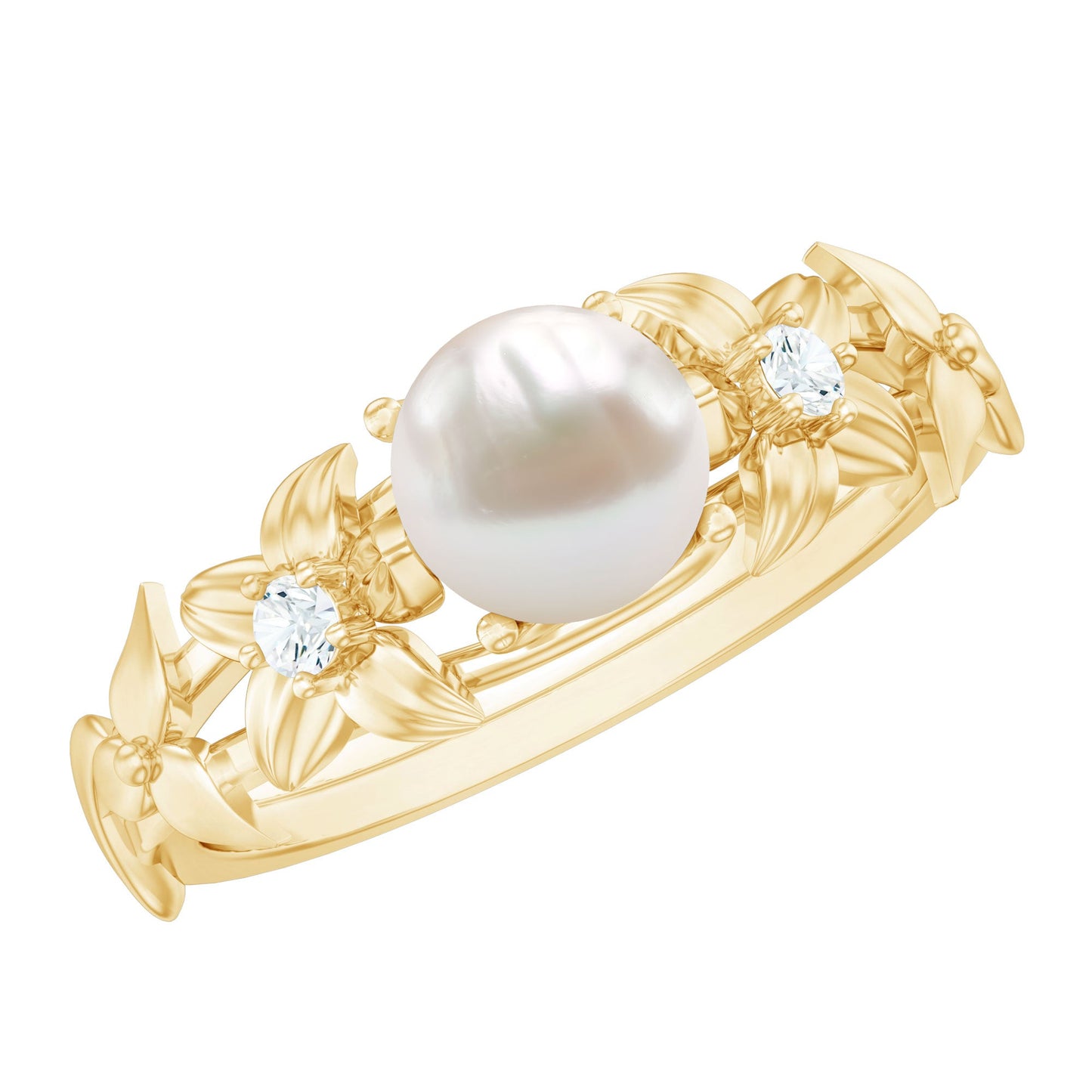 Cultured 2.2 Carat White Pearl Flower Engagement Ring with Diamonds