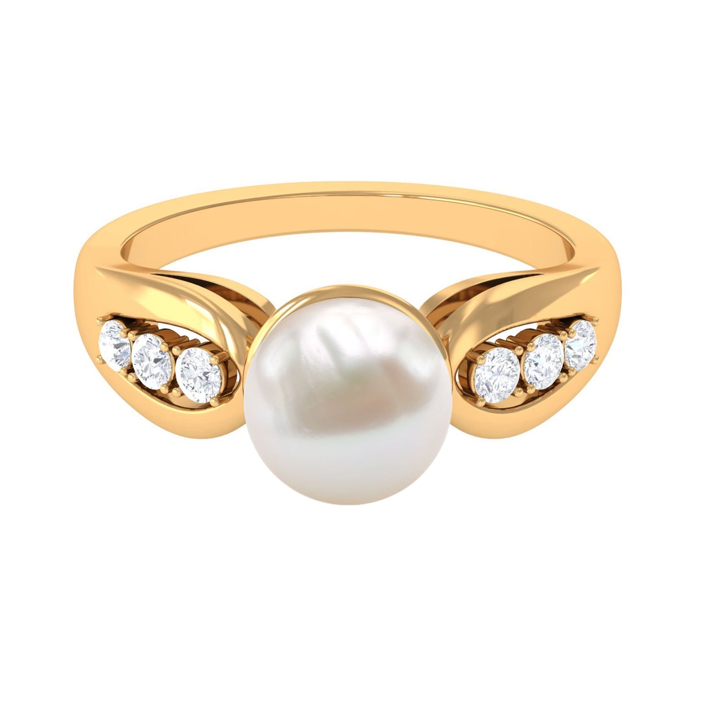 Bead Set Freshwater Pearl Solitaire Ring with Diamond Side Stones