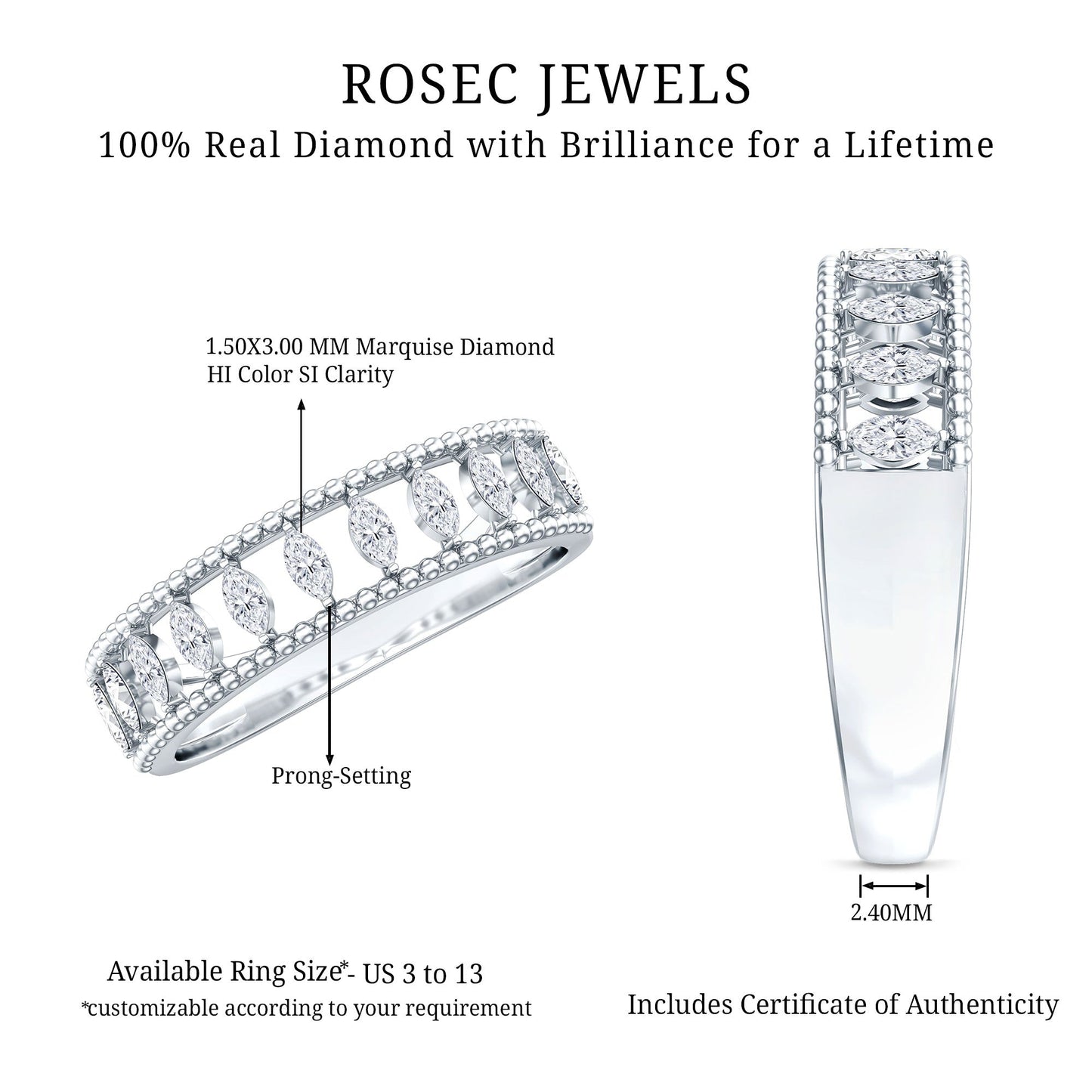 Natural Marquise Diamond Half Eternity Wedding Band