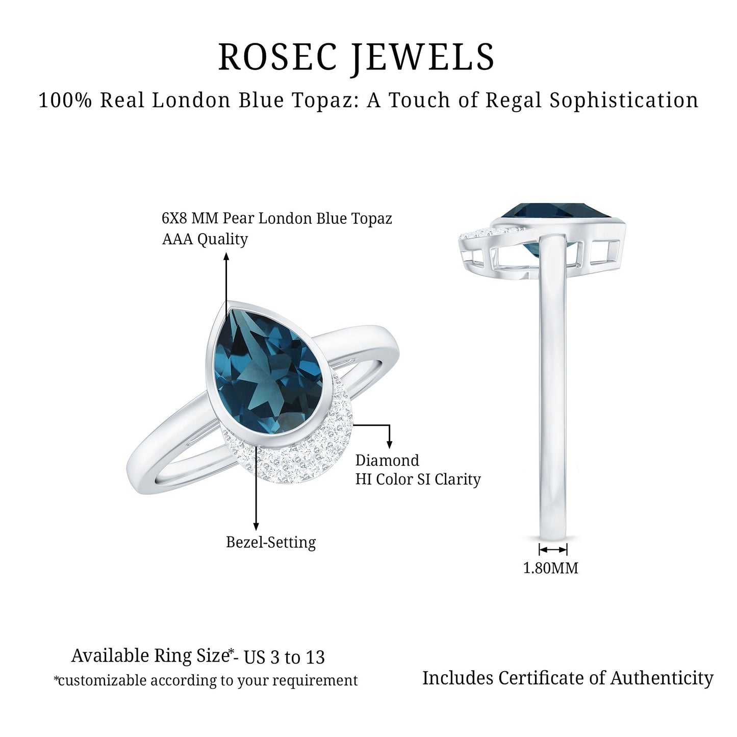 Genuine London Blue Topaz Diamond Engagement Ring in Bezel Setting