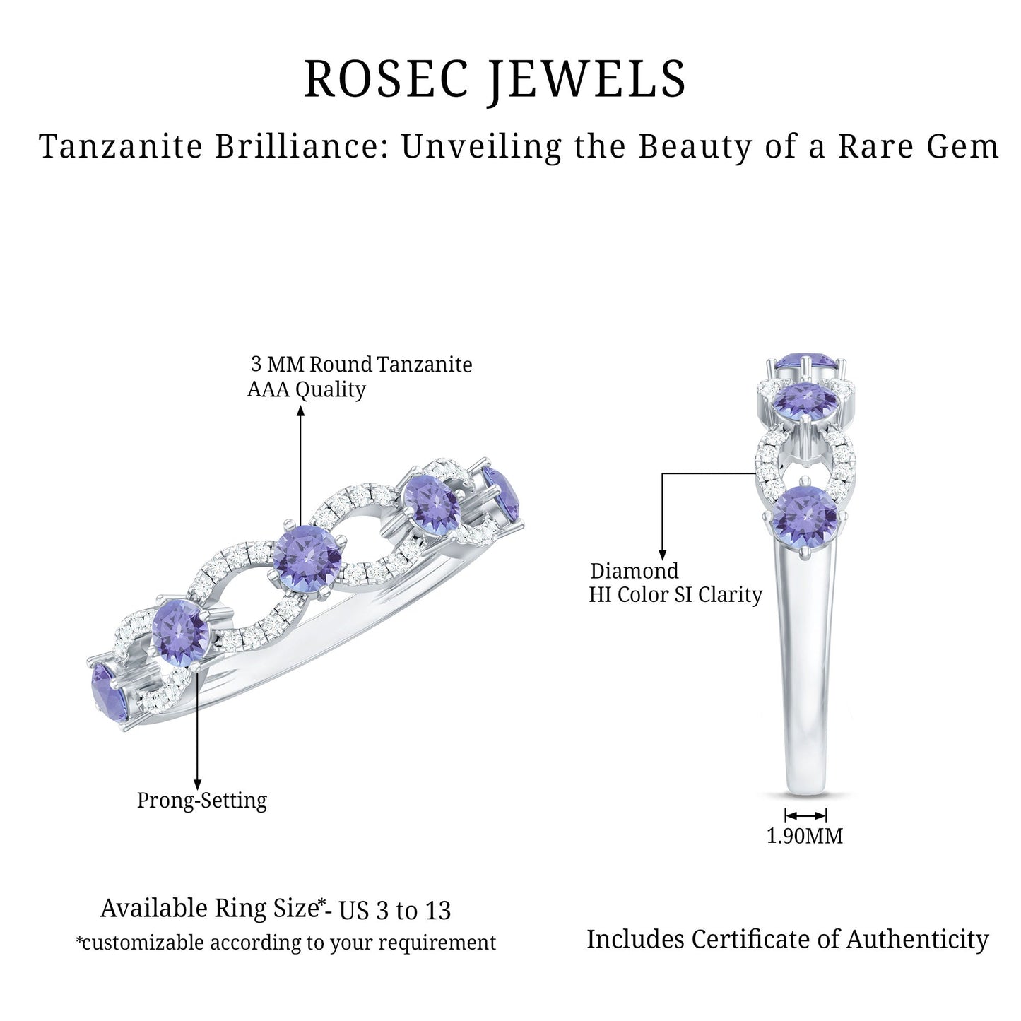 Real Tanzanite Diamond Half Eternity Ring for Women