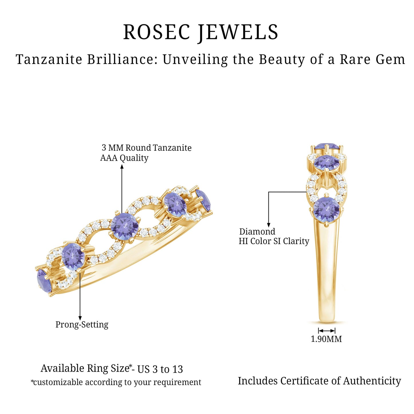 Real Tanzanite Diamond Half Eternity Ring for Women