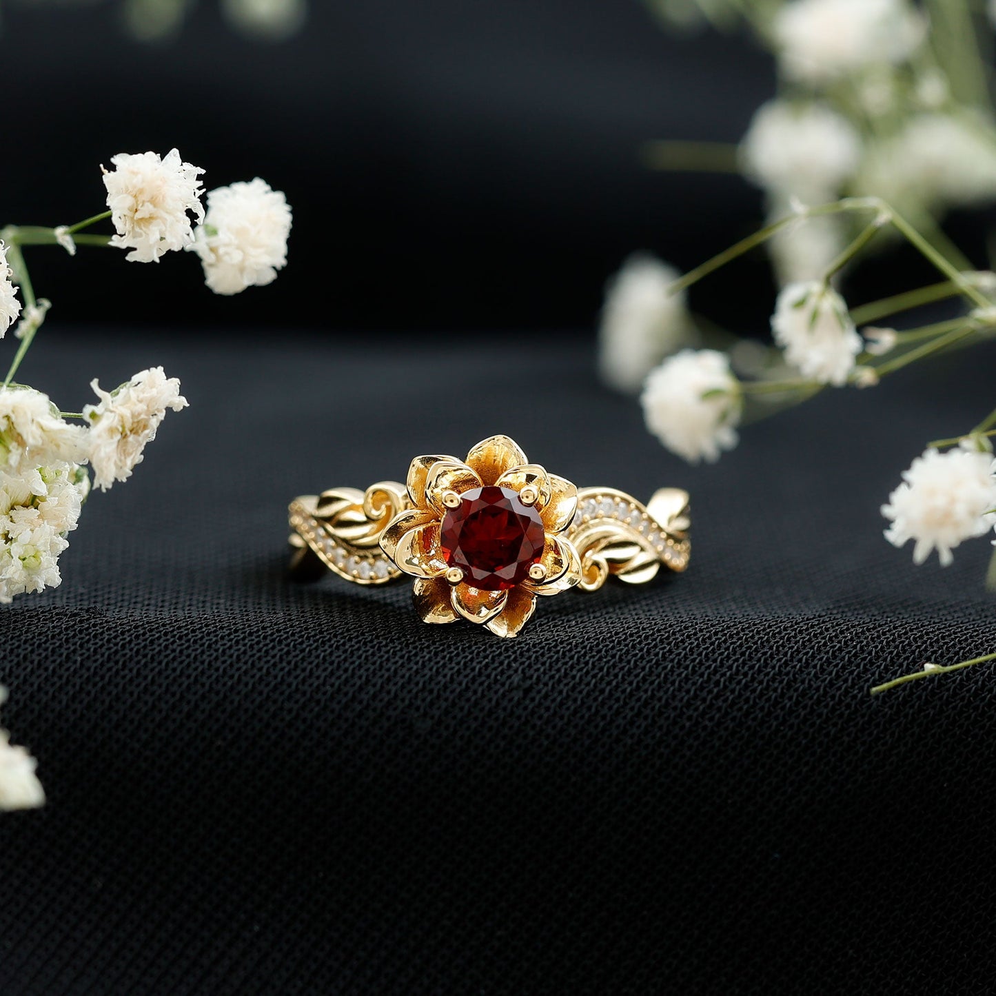 Real Garnet Vintage Engagement Ring in 14K Yellow Gold Plated Silver