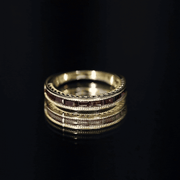 Natural Garnet Baguette Wedding Band in Yellow Gold Plated Silver